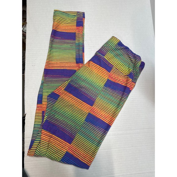 Lularoe One Size Geometric Lines Multicolor Striped Leggings Gym Training OS - Picture 1 of 3